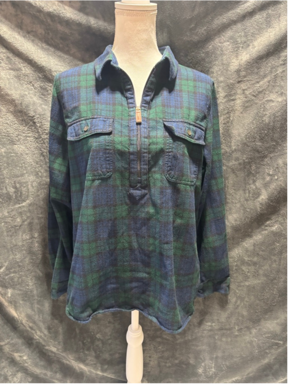 L.L. Bean Scotch Plaid Flannel Shirt 1/2 Zip Pullover Black Watch Large EUC